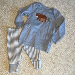 Blue Bear Print Kids Pajama Set - Long Sleeve Top & Striped Pants